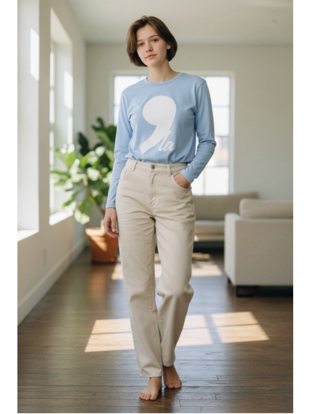 Comma LA Women's Long Sleeve Scoop Neck Graphic T-Shirt Blue Size XL Excellent